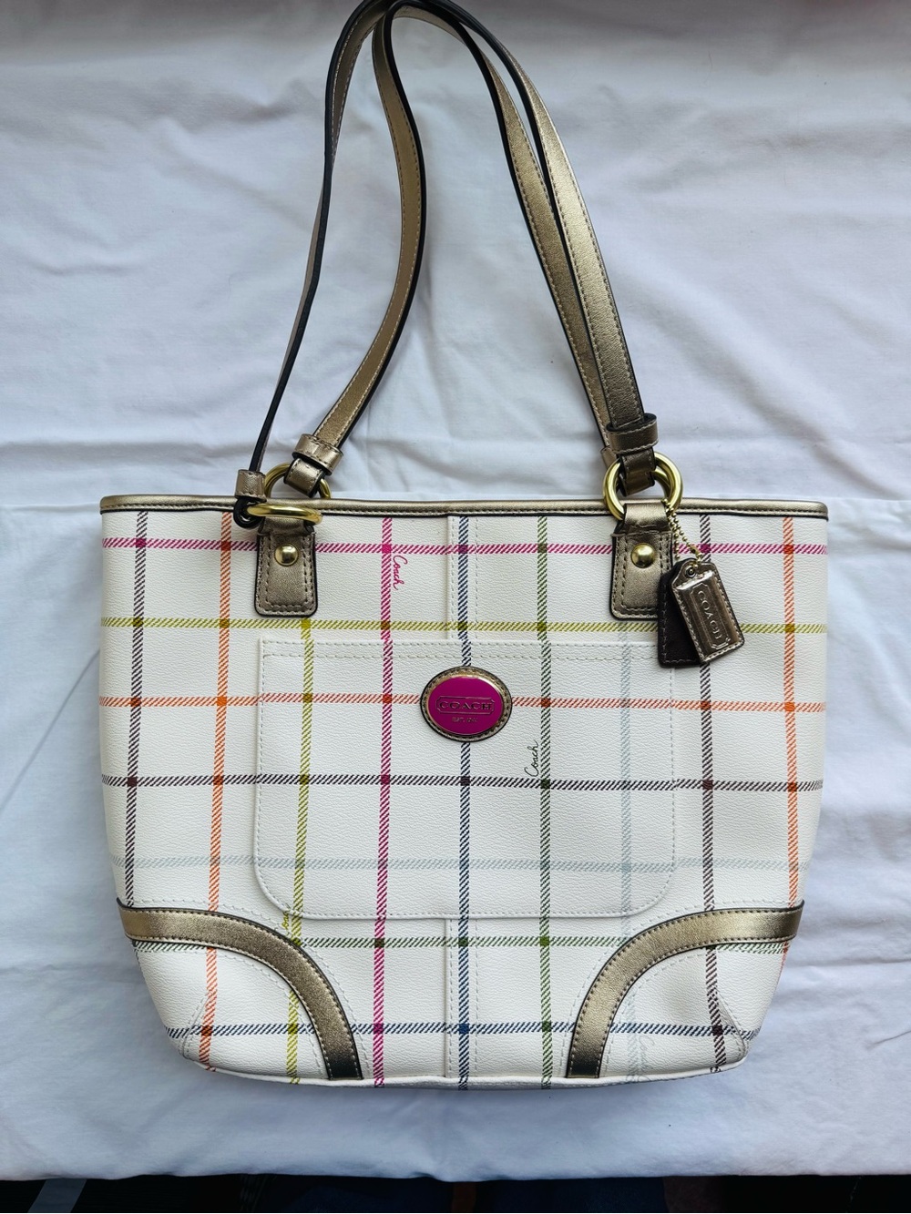 Coach White Plaid Leather Tote with Metallic Trim
